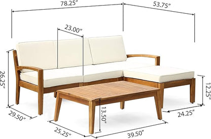 Christopher Knight Home Grenada Sectional Sofa Set | 5-Piece 3-Seater | Includes Coffee Table and Ottoman | Acacia Wood Frame | Water-Resistant Cushions | Teak and Beige, Finish