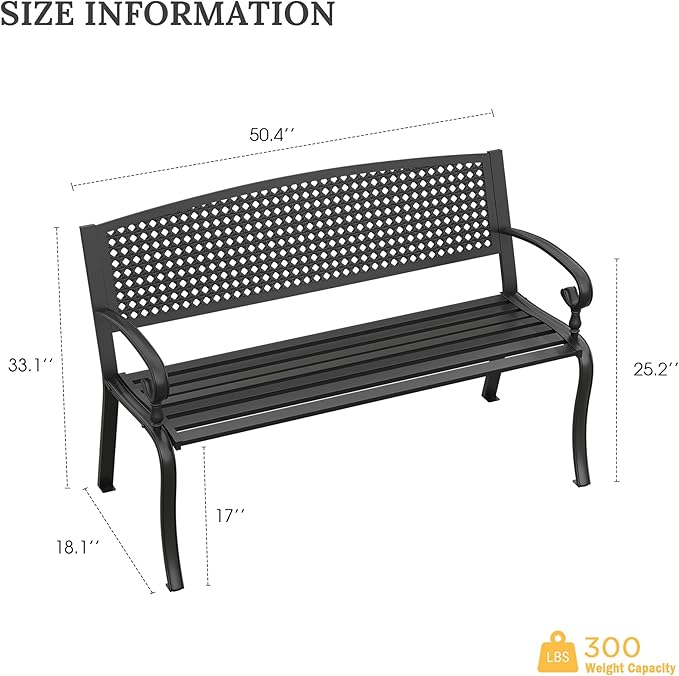 VICLLAX 50” Outdoor Garden Bench with Armrests and Backrest, Waterproof Patio Metal Bench for Park, Porch, Backyard, Square Pattern Back