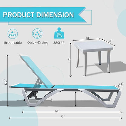 Domi Outdoor Chaise Lounge Chair, Aluminum Patio Lounge Chair with 5 Position Adjustable Backrest and Side Table, Poolside Lounge Chair for Garden, Beach, Yard(1 Turquoise Blue Chair W/Table)