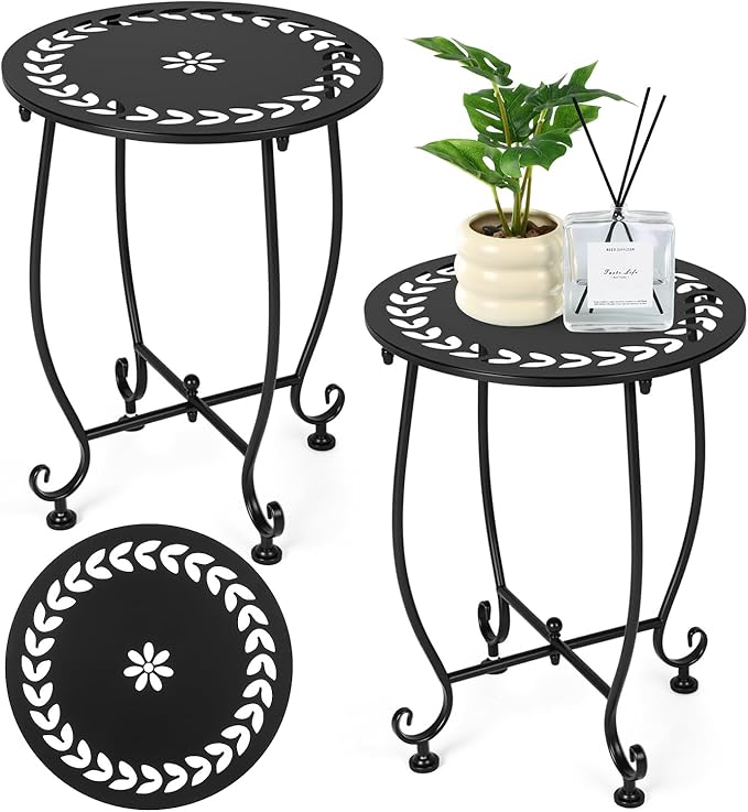 Thyle 2 Pcs Outdoor Side Table with Flower Cutout 13" Metal Small Round Weather Resistant Patio Side Tables for Outside, Balcony, Porch, Garden Bistro Indoor Outdoor Yard(Wreath Leaf)
