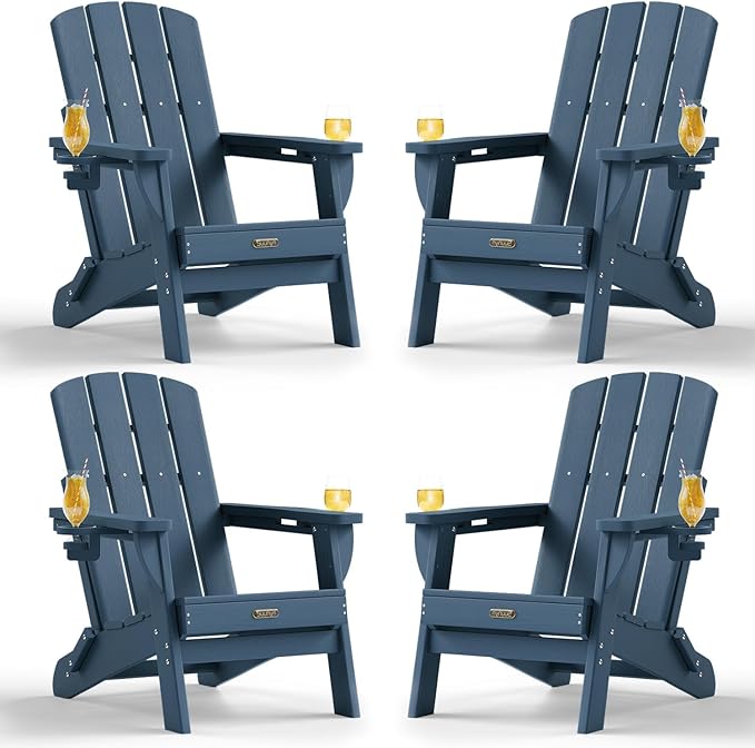 Folding Adirondack Chair 4 Pack, HDPE All-Weather Fire Pit Chairs, Plastic Adirondack Chairs with 2 Cup Holder, Outdoor Lawn Chair for Patio Garden (New Blue)