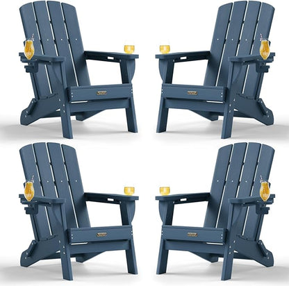 Folding Adirondack Chair 4 Pack, HDPE All-Weather Fire Pit Chairs, Plastic Adirondack Chairs with 2 Cup Holder, Outdoor Lawn Chair for Patio Garden (New Blue)