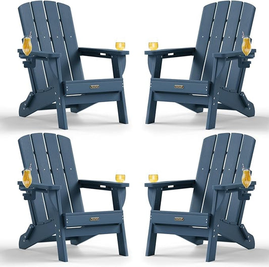 Folding Adirondack Chair 4 Pack, HDPE All-Weather Fire Pit Chairs, Plastic Adirondack Chairs with 2 Cup Holder, Outdoor Lawn Chair for Patio Garden (New Blue)