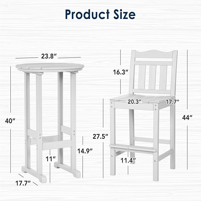 nalone Outdoor Bar Chairs and Table Set, HDPE Balcony Adirondack Chairs and Table 3 Pieces Set - Photo 3