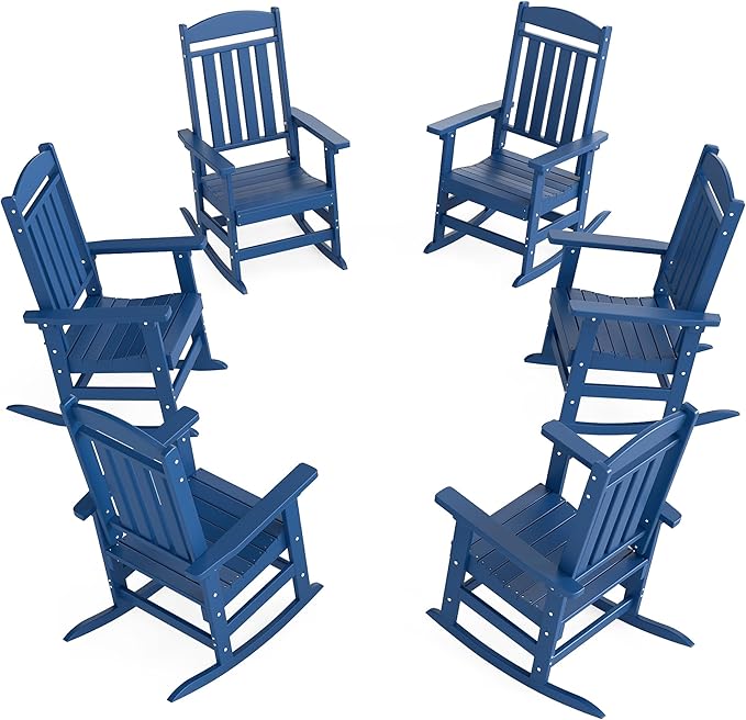 Outdoor Rocking Chairs Set of 6, Oversized High Back Patio Rocking Chairs, All Weather Porch Rocking Chairs for Outside. Navy Blue