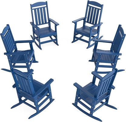 Outdoor Rocking Chairs Set of 6, Oversized High Back Patio Rocking Chairs, All Weather Porch Rocking Chairs for Outside. Navy Blue