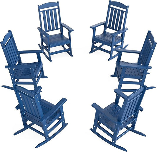 Outdoor Rocking Chairs Set of 6, Oversized High Back Patio Rocking Chairs, All Weather Porch Rocking Chairs for Outside. Navy Blue