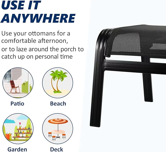 Patio Outdoor Ottoman Assembled Aluminum Footstools Small Seat Side Table Footrest for Balcony, Poolside 2 Set Black - Photo 4