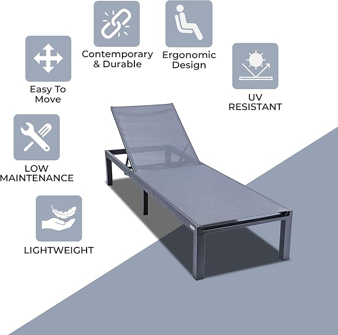 LeisureMod Marlin Aluminum Outdoor Chaise Lounge Chair - Mesh Sling Fabric Seat Black Aluminum Frame Beach, Pool Lounge Chair for Modern Patio Lawn, Garden and Backyard (Dark Grey)