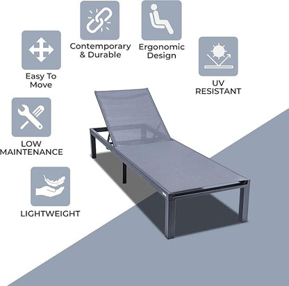 LeisureMod Marlin Aluminum Outdoor Chaise Lounge Chair - Mesh Sling Fabric Seat Black Aluminum Frame Beach, Pool Lounge Chair for Modern Patio Lawn, Garden and Backyard (Dark Grey)