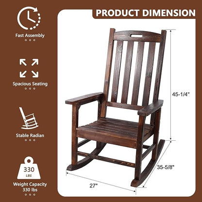 Wooden Oversized Porch Rocker Chair with Wide Seat and Tall Backrest - High Back Smooth Rocking Chairs for Outdoor & Indoor Use, Durable Fir Wood Construction, Easy Assembly (Brown)