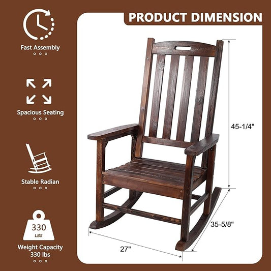 Wooden Oversized Porch Rocker Chair with Wide Seat and Tall Backrest - High Back Smooth Rocking Chairs for Outdoor & Indoor Use, Durable Fir Wood Construction, Easy Assembly (Brown)