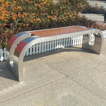 LITFAD Outdoor Indoor Bench Stainless Steel Metal Park Bench with Waterproof Brown Wood Seating Modern Garden Bench for Patio, Lawn, Yard, Porch - Type A 79" L x 16" W x 18" H