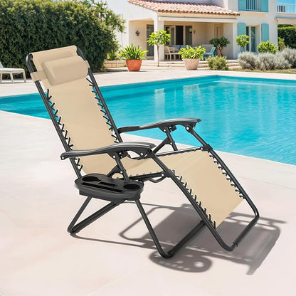 Magshion Zero Gravity Lounge Chair, Adjustable Folding Recliner with Cup Holder Side Tray & Removable Headrest Pillow, Portable Outdoor Patio Lounger for Camping, Beach, Lawn, Backyard