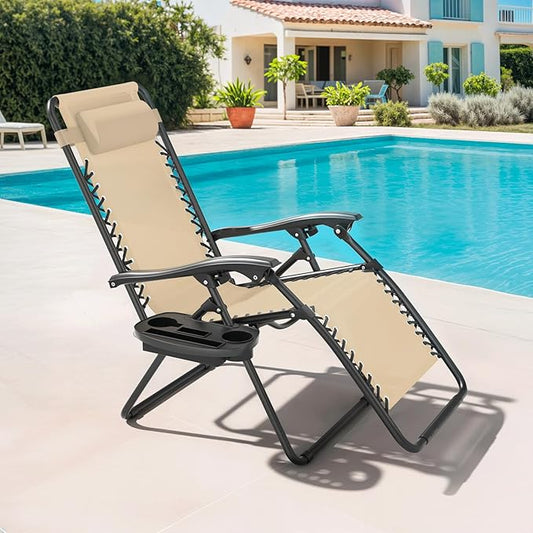Magshion Zero Gravity Lounge Chair, Adjustable Folding Recliner with Cup Holder Side Tray & Removable Headrest Pillow, Portable Outdoor Patio Lounger for Camping, Beach, Lawn, Backyard