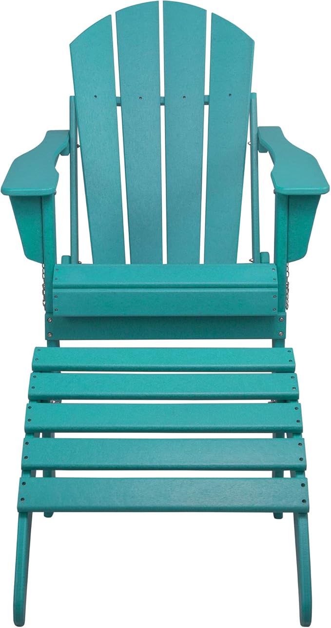 WestinTrends Malibu Outdoor Lounge Chair, 2-Pieces Adirondack Chair Set with Ottoman, All Weather Poly Lumber Patio Lawn Folding Chairs for Outside Pool Garden Backyard Beach, Turquoise