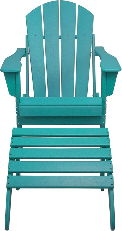 WestinTrends Malibu Outdoor Lounge Chair, 2-Pieces Adirondack Chair Set with Ottoman, All Weather Poly Lumber Patio Lawn Folding Chairs for Outside Pool Garden Backyard Beach, Turquoise