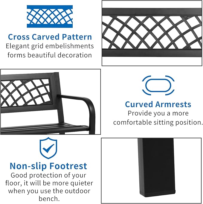 YRLLENSDAN Outdoor Bench 45in Metal Garden Bench All Weather Patio Bench for Outdoors with Backrest and Armrest for Patio, Park, Lawn, Deck w/Mesh Pattern Accent, Antique Finish - Black