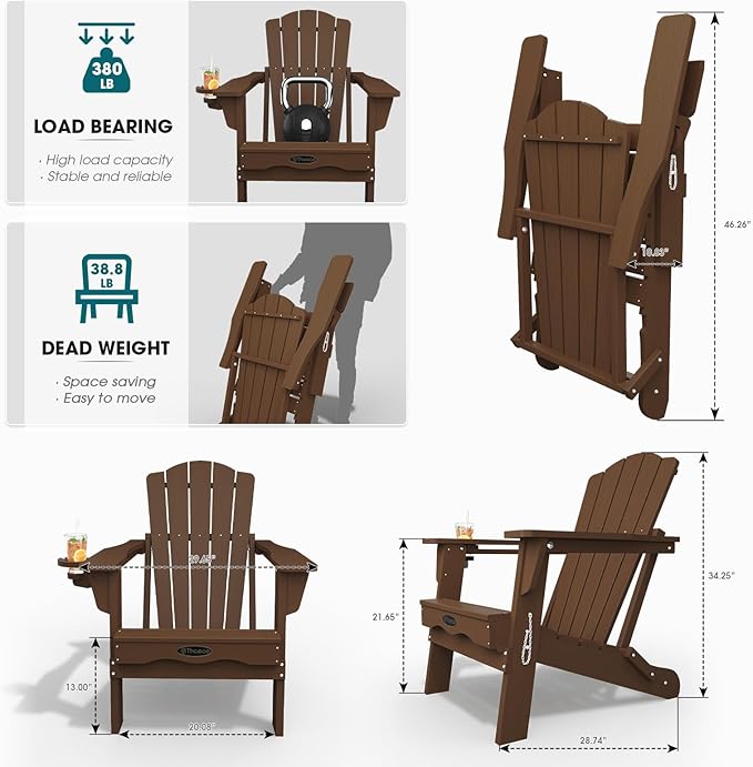 Folding Adirondack Chair Set of 2, HDPE All-Weather Outdoor Chair with Cup Holder, Wooden Textured, Fire Pit Chair - Photo 3