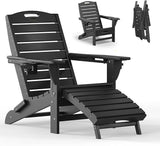 Folding Adirondack Chair with Retractable Ottoman Weather Resistant Fire Pit Chair Patio Chair with 2 Cup Holder Lawn - Photo 1