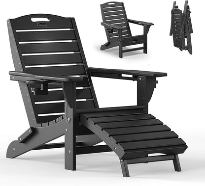 Folding Adirondack Chair with Retractable Ottoman Weather Resistant Fire Pit Chair Patio Chair with 2 Cup Holder Lawn Outdoor Lounge Chair (Black)