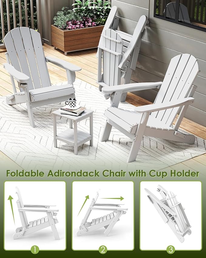 GREENVINES Folding-Adirondack-Chair | HDPE Plastic | Fire Pit Chairs | All Weather | Cup Holder | White - Photo 7