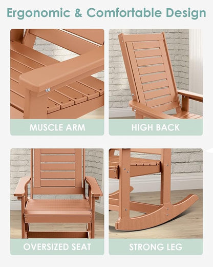 IVY&LANE Outdoor Rocking Chairs Set of 2 | Porch-Rockers | Teak | HDPE Plastic | All-Weather | High Back | Wide Seat | Oversized Patio Rocker for Adult | for Outside Deck Balcony Garden