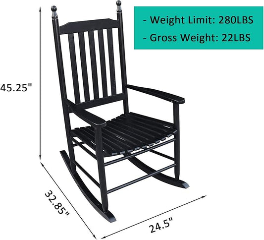 HomVent Wood Rocking Chair, 280 Lbs Heavy Duty Rocking Rocker Chair, Backyard and Patio Porch Rocker with Wide Seat and Armrest for Outdoor& Indoor Use, Cushion not Include (Black)