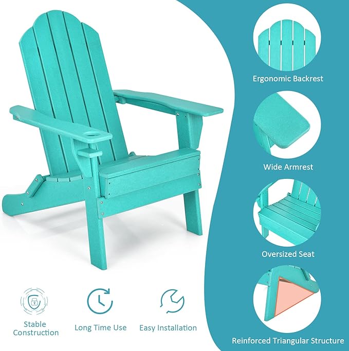 Tangkula Outdoor Folding Adirondack Chair, HDPE Armchairs with Cup Holder, Weather Resistant Lounger Chair for Patio Garden Fire Pit Backyard, Lawn Porch Seating, Adirondack Lounger (2, Turquoise)