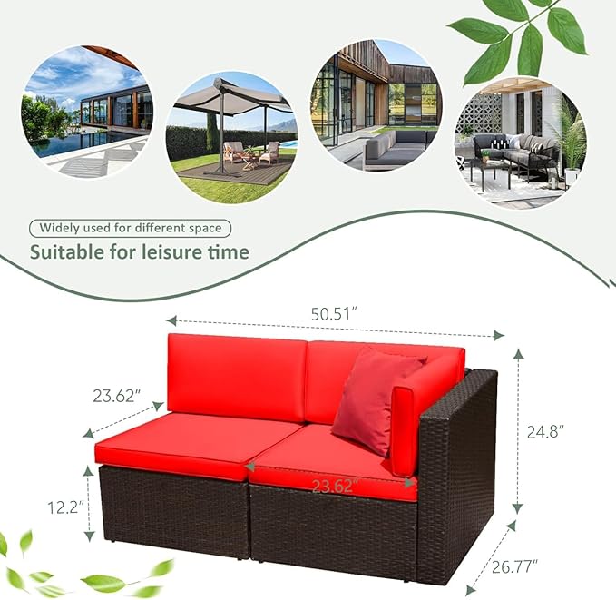 Devoko 2-Piece Modern Red Rattan & Metal Patio Sofa Set - Sectional Corner Sofa & Armless Sofa - Photo 7
