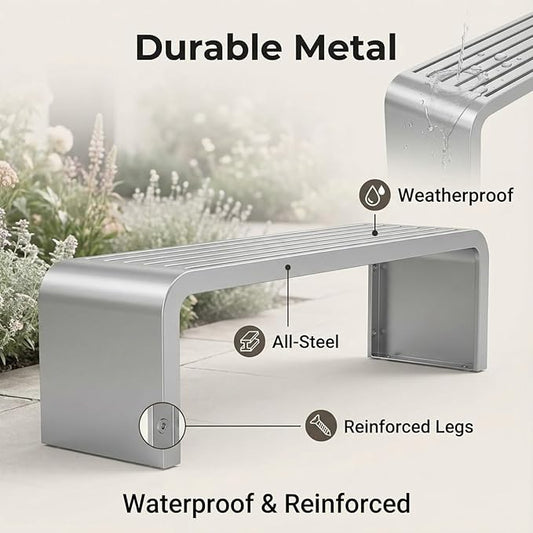Metal Garden Bench, 100/120/150/180 Cm Outdoor Benches Weatherproof 2-5 Person, Patio Benches for Outdoors Cast Iron Metal Frame, Patio Lawn Porch Bench Seat Backless(Silver,150 cm/59 in)