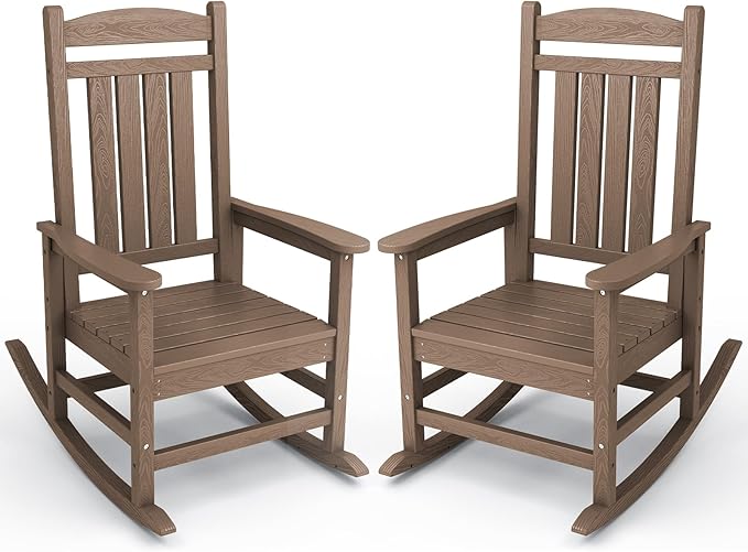 KINGYES Outdoor Rocking Chair Set of 2, HDPE Patio Rocking Chairs with 330lbs Support for Adults, Brown