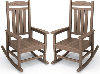 KINGYES Outdoor Rocking Chair Set of 2, HDPE Patio Rocking Chairs with 330lbs Support for Adults, Brown