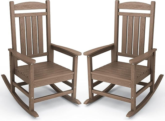 KINGYES Outdoor Rocking Chair Set of 2, HDPE Patio Rocking Chairs with 330lbs Support for Adults, Brown