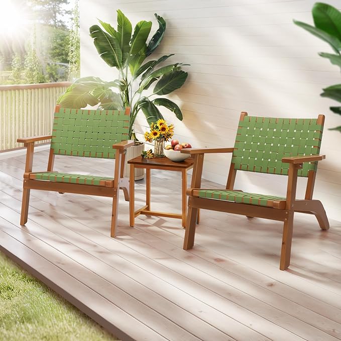 VINGLI Outdoor Armchair, All-Weather Wooden Patio Chair with Waterproof PE Woven Fabric, Adirondack Chair for Garden, Lawn and Poolside (1, Green and Brown)