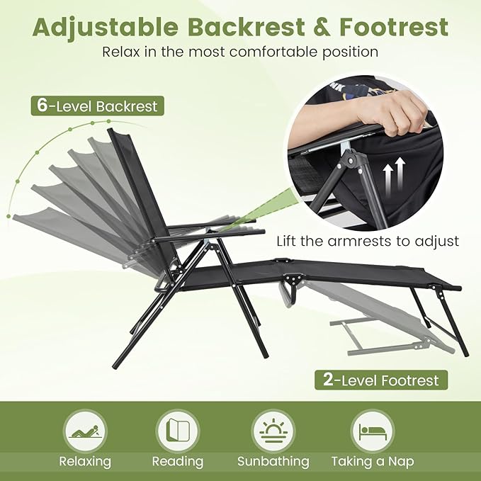 Tangkula Outdoor Lounge Chairs Set of 2, Patio Folding Chaise Recliner with 6-Level Backrest - Photo 5