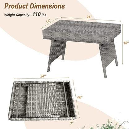 ReunionG Outdoor Patio Wicker Table, Portable Folding Table with Rattan and Steel Frame, Leisure Coffee Table, All Weather Standing Side Table for Lawn Garden, Courtyard, Poolside (Grey)