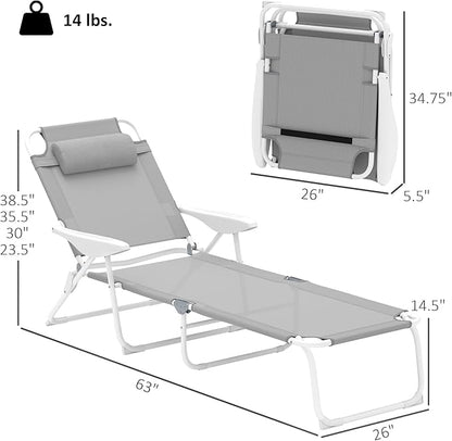 Outsunny Folding Lounge Chair, Portable Outdoor Chaise Lounge, Sun Tanning Chair with 4-Position Reclining Back, Armrests, Metal Frame and Mesh Fabric for Beach, Yard, Patio, Gray