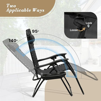 Athena Collection Zero Gravity Chair, Outdoor Lounge Chair with Adjustable Pillow and Cup Holder, Reclining Camping Chair for Outside Beach Lawn Garden Patio Poolside Set of 2 - Black