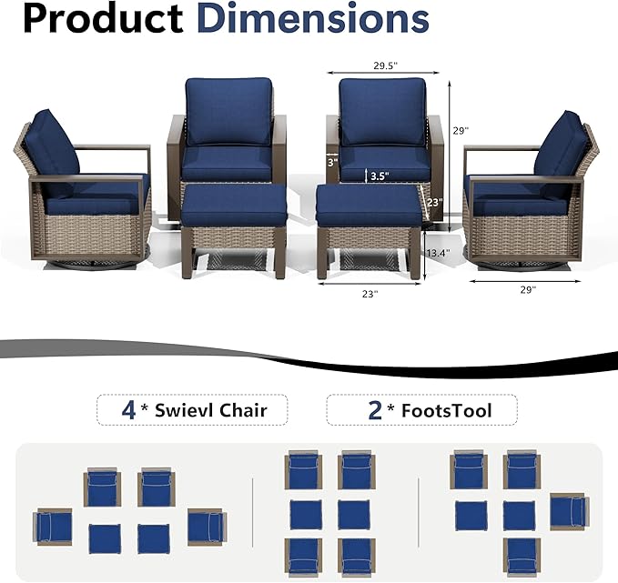 Outdoor Patio Furniture Set, 6 Piece Wicker Patio Conversation with Deep Seating, Thicken Cushions, Outdoor Swivel Rocker Patio Chairs, Metal Outdoor Furniture for Deck, Porch, Yard Use