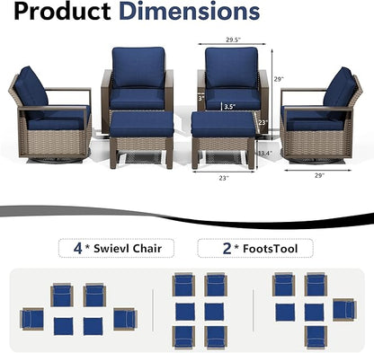 Outdoor Patio Furniture Set, 6 Piece Wicker Patio Conversation with Deep Seating, Thicken Cushions, Outdoor Swivel Rocker Patio Chairs, Metal Outdoor Furniture for Deck, Porch, Yard Use