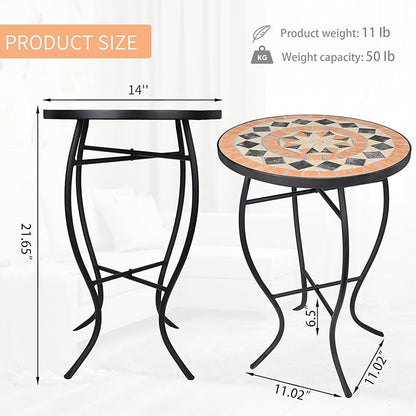 VCUTEKA Mosaic Outdoor Side Table - Small Patio Table Coffee Outside Accent Tables Round End Plant Tables for Bistro Balcony Porch Outdoor Benches 14'' Brown