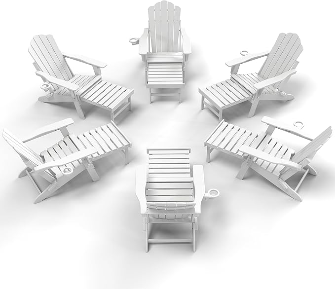 FOOWIN Adjustable Adirondack Chair with Retractable Ottoman Set of 6, Folding Adirondack Chair with Cup Holder, HDPE All-Weather Fire Pit Chair for Patio, Yard, Poolside, White