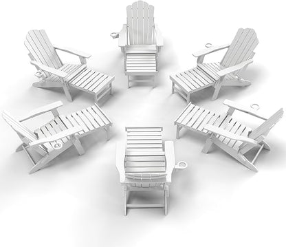 FOOWIN Adjustable Adirondack Chair with Retractable Ottoman Set of 6, Folding Adirondack Chair with Cup Holder, HDPE All-Weather Fire Pit Chair for Patio, Yard, Poolside, White