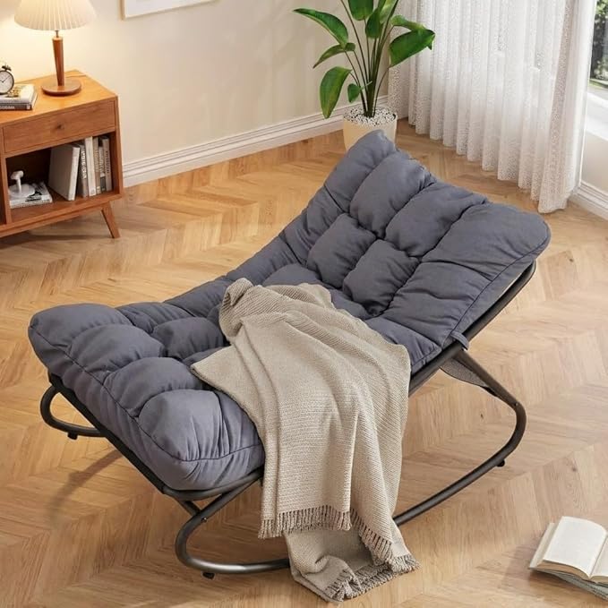 Outdoor Papasan Rocking Chair, Oversized Metal Frame Egg Rocker with Thick Waterproof Cushion, 450 lbs - Photo 8