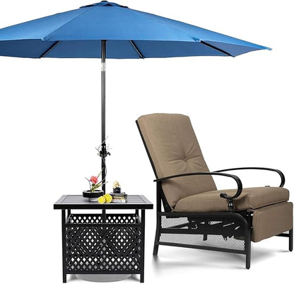 SUNCROWN Outdoor Recliner Chairs Patio Adjustable Relaxing Chair Outdoor Metal Furniture Chair with Thick Cushion and Sky Blue 9Ft Umbrella(Brown)