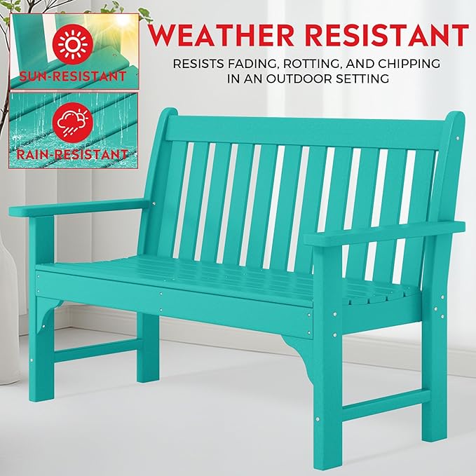 Costaelm Garden Bench, Farmhouse Park Front Porch for Entryway Bench Outdoor Seating Low Bench Patio Bench Outside/Indoor, Turquoise