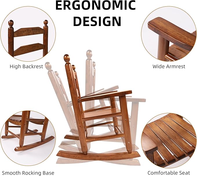 Toddler Rocking Chair Set of 2 Wooden Comfy Recliner Rocker for Kids Ages 3-6 Baby Lounge Chair Indoor Outdoor Girls Children’s Playroom Brown