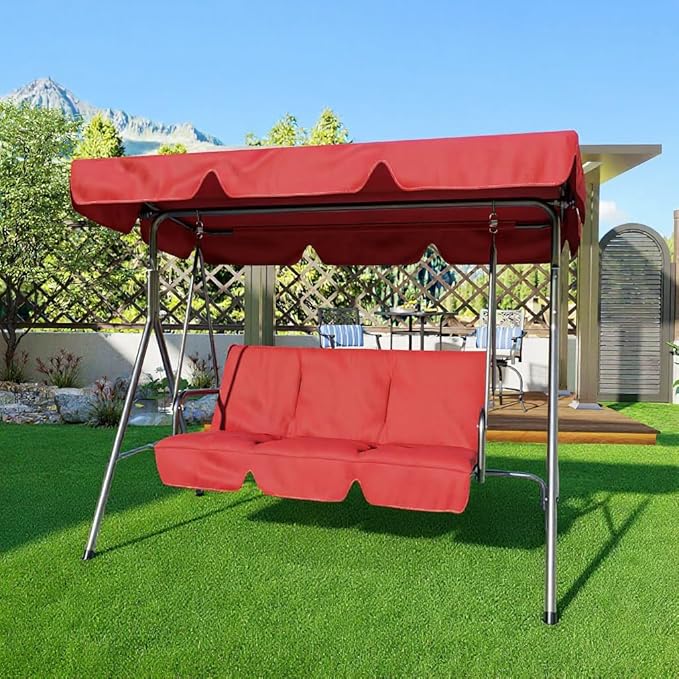 Outdoor Swing Chair with Adjustable Canopy - 3 Seat Glider Bench with Thickened Cushions for Patio, Garden, Backyard Red