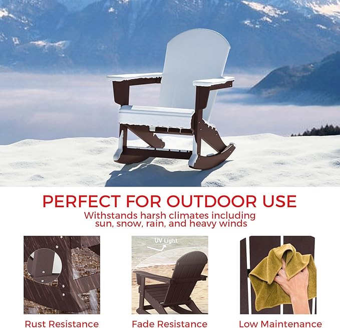 Costaelm Outdoor Adirondack Chair Set of 2, All Weather Resistant Classic Balcony Chair and Fire Pit Chairs, Plastic Outdoor Porch Furniture Rocking Chair High Back HDPE Poly Lumber, Dark Brown